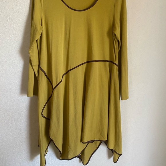 Cheyenne Art To Wear Silk Trim Asymmetrical Olive Green Tunic Lagenlook Top S/M - Picture 5 of 15